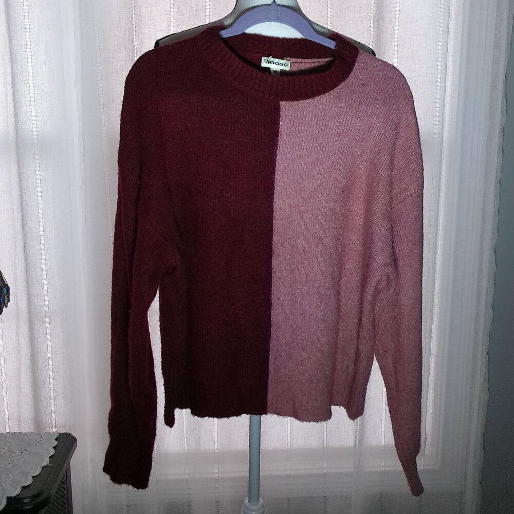 VIGOSS Long Sleeve Scoop Neck Red & Pink Color Blocked Cropped Sweater XL